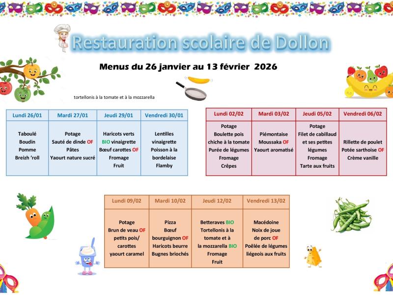 Menu restaurant scolaire du 26 janvier au 13 février 2026