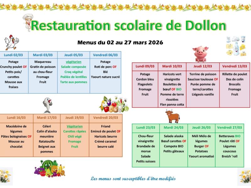 Menu restaurant scolaire du 2 au 27 mars 2026